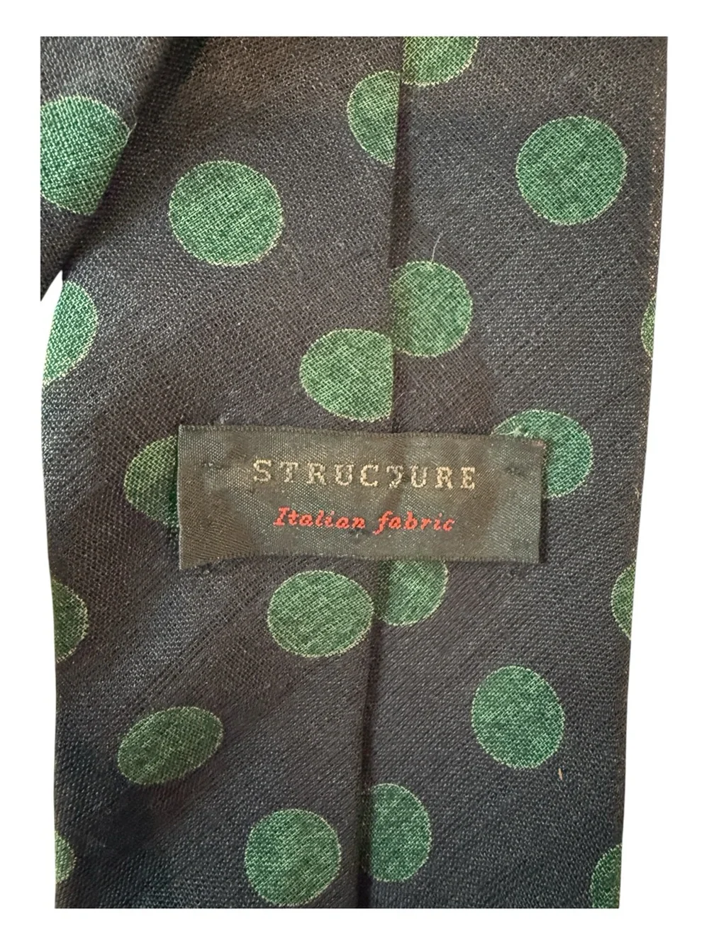 STRUCTURE Vintage 100% Linen Tie 90s Corporate Sleaze USA Made Green Polka Dot